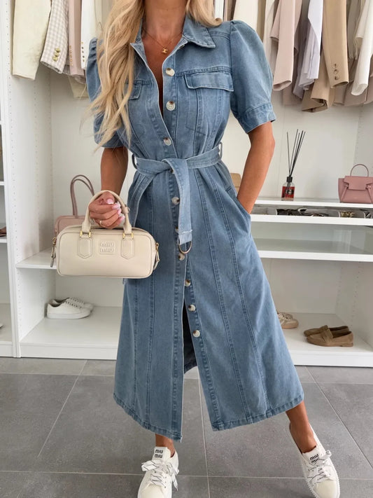 Anna | Maxi Denim Jurk met mouwen