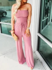 Off-shoulder gesmokte jumpsuit in effen kleur